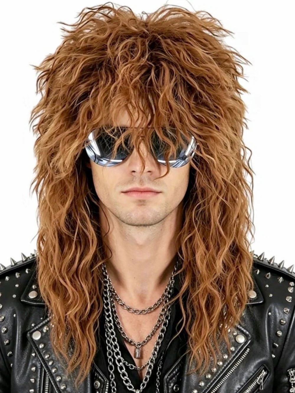New Men's Brown 80s Rocker Wavy Mullet Costume Wig